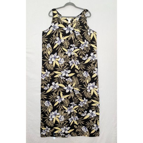 Jones New York Maxi Dress 16 Black White Gold Floral Linen Sleeveless Pullover - Picture 1 of 7